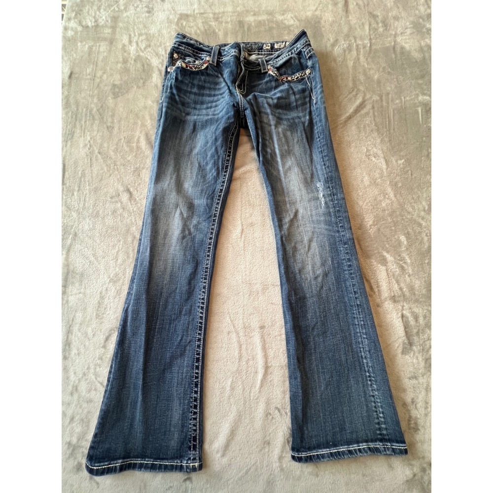 Miss Me Bootcut Jeans Womens 34 Blue Mid-Rise Distressed Embroidered